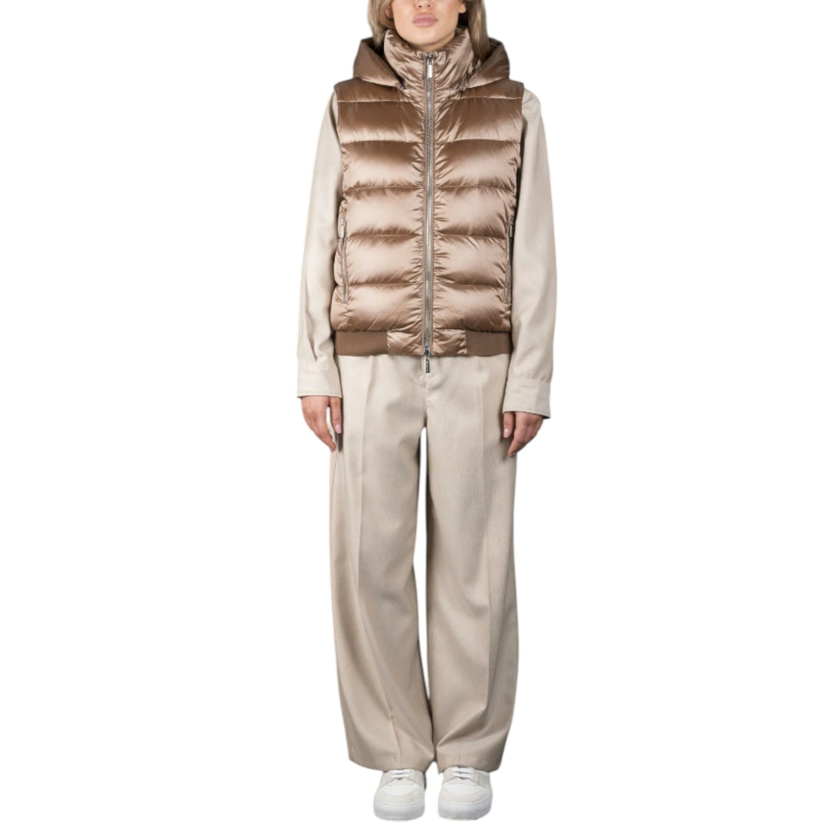 LAYRE-HC The Urban Glow: Moca Camel Down Hooded Vest