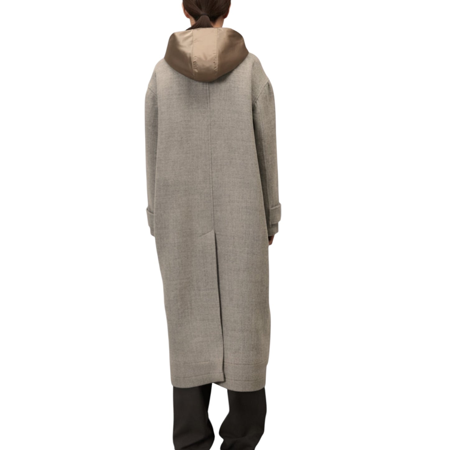 The Champagne Glow: Virgin Wool & Satin Contrast Long Coat