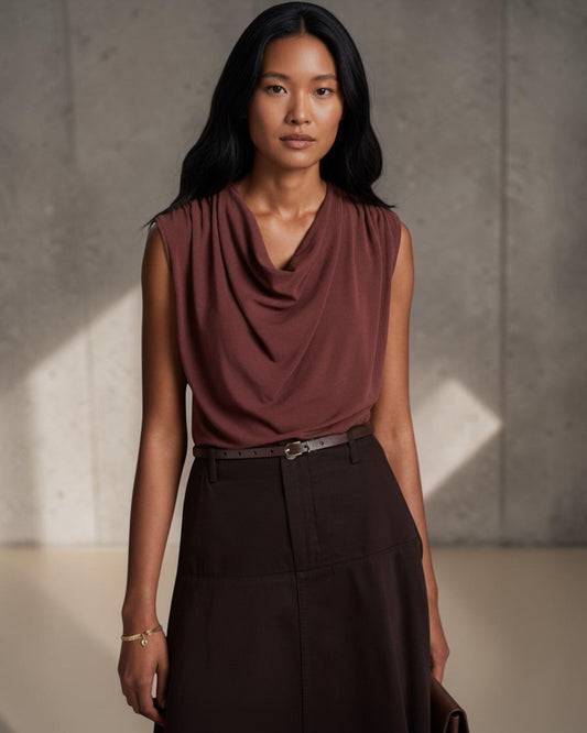 FLUID ELEGANCE: DRAPED COWL-NECK JERSEY TOP