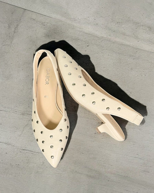 LUMINOUS ELEGANCE & GERMAN CRAFTSMANSHIP: STUDDED SLINGBACK PUMPS (WHITE)