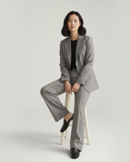 Scotch & Soda Edie Meteorite Check チェック柄ワイドパンツ 着用全身とジャケットのセットアップ