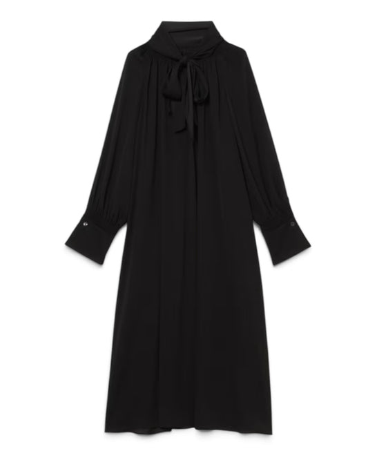 平置き正面:mila schon バックサテンジョーゼット2WAYドレス ブラックの正面、ボウタイと長袖のカフス