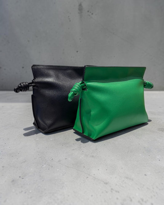 SILKEN TOUCH & TIMELESS KNOT: NAPPA LEATHER DRAWSTRING CLUTCH BAG