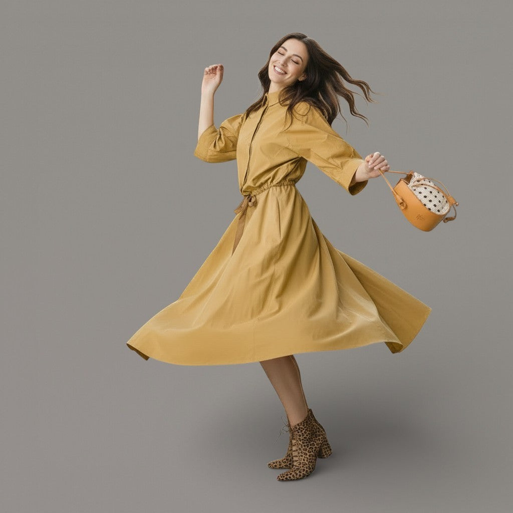 Boutique HANAYA yellow cotton poplin midi dress with drawstring waist and 3/4 sleeves.