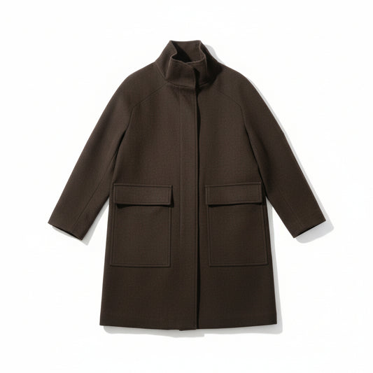 Velvety Espresso: The Architectural Stand-Collar Overcoat