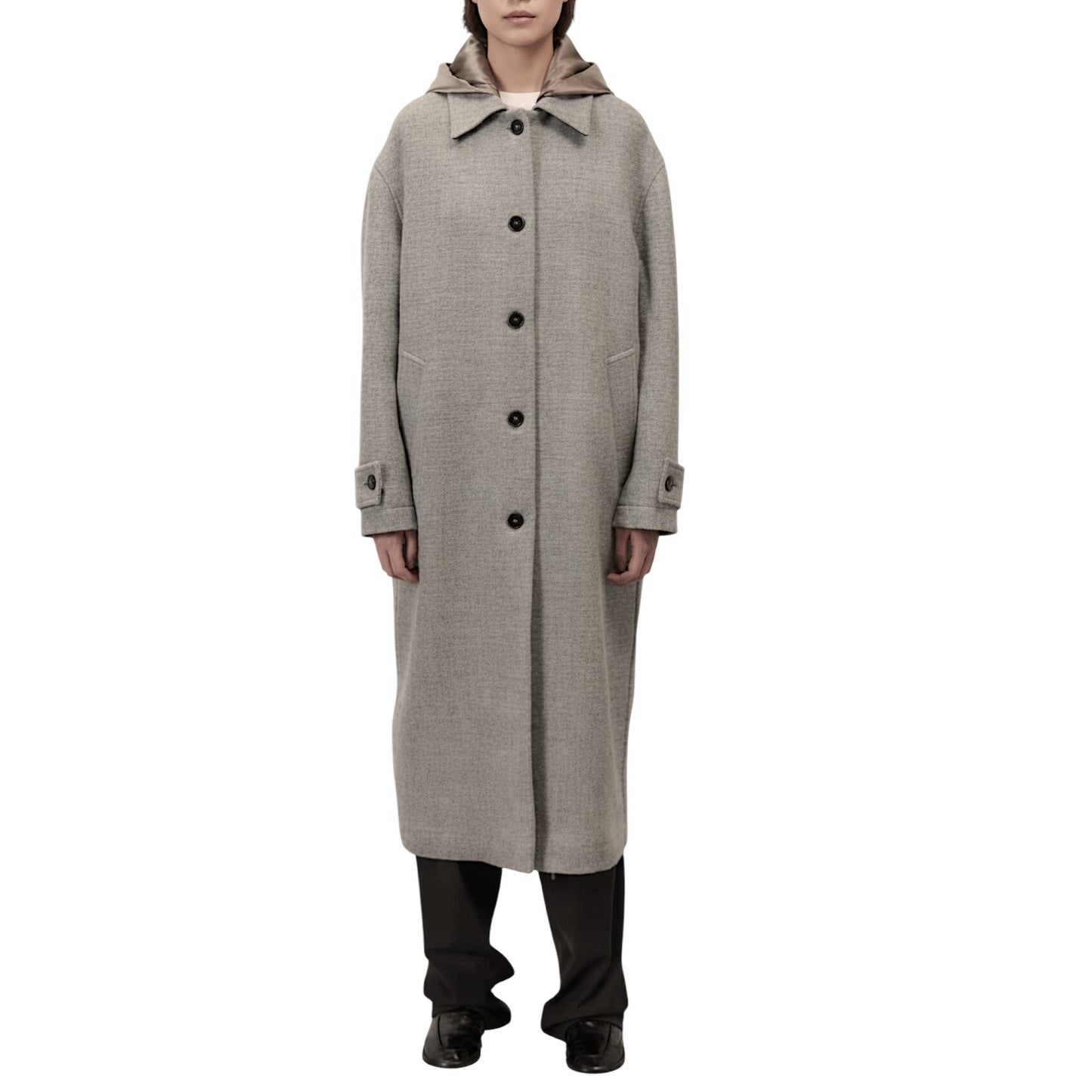 The Champagne Glow: Virgin Wool &amp; Satin Contrast Long Coat