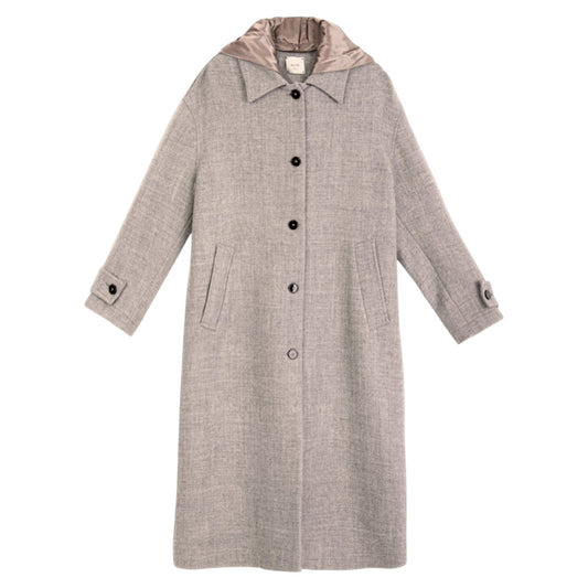 The Champagne Glow: Virgin Wool &amp; Satin Contrast Long Coat