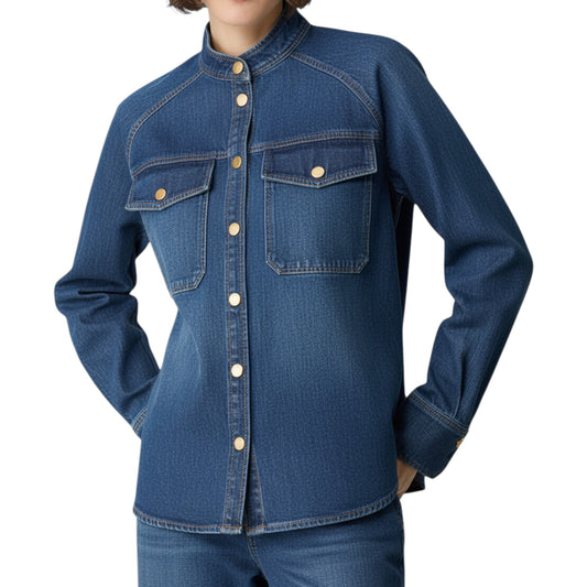 Indigo Whispers: The Fluid Gold-Button Denim Serenade