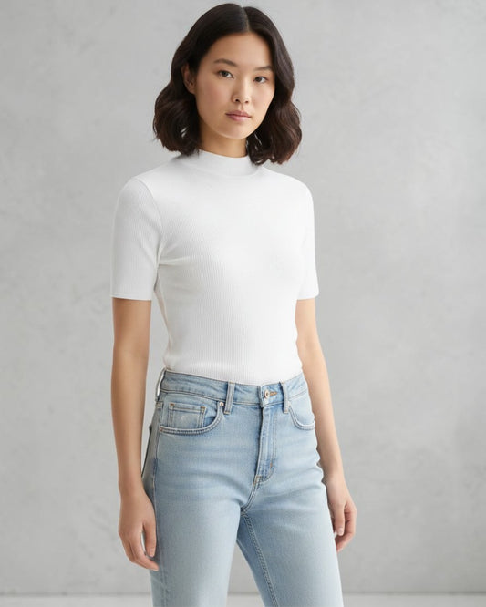 SILENT SOPHISTICATION: MOCK NECK RIBBED T-SHIRT