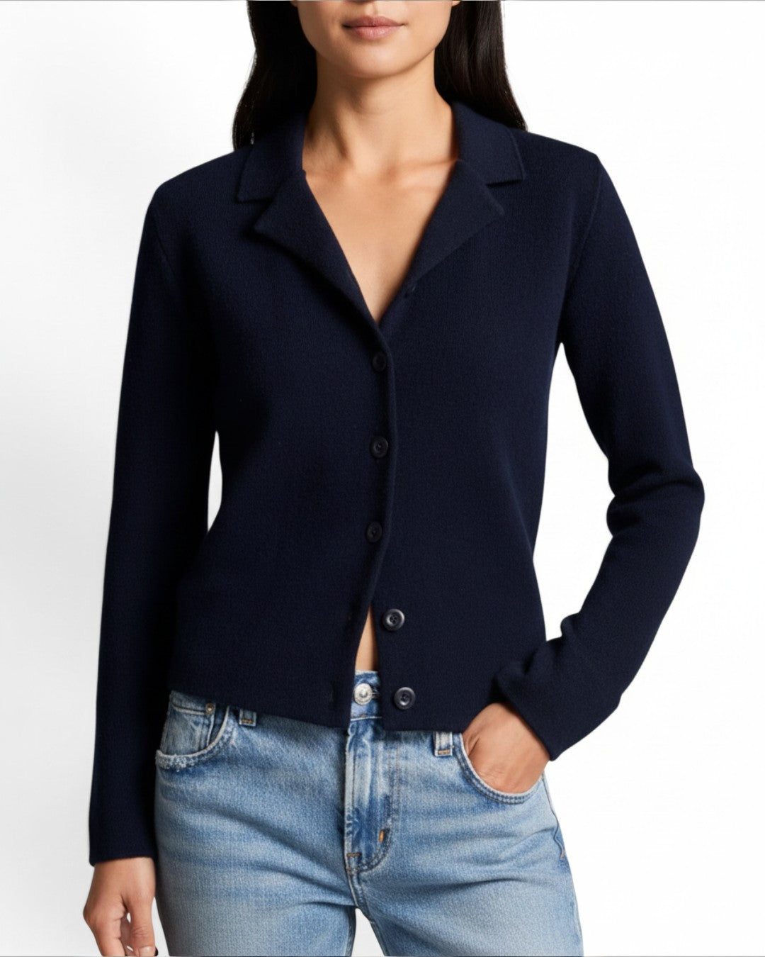 TAILORED COMFORT: NOTCH-COLLAR DOUBLE-FACE CARDIGAN