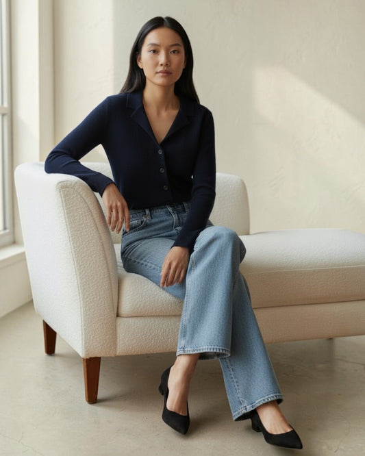 TAILORED COMFORT: NOTCH-COLLAR DOUBLE-FACE CARDIGAN