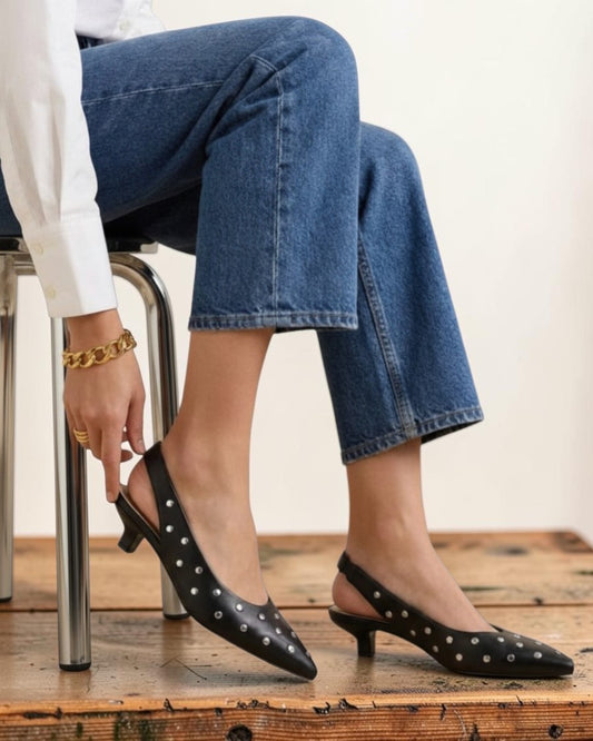 CHIC NOIR & GERMAN CRAFTSMANSHIP: STUDDED SLINGBACK PUMPS (BLACK)