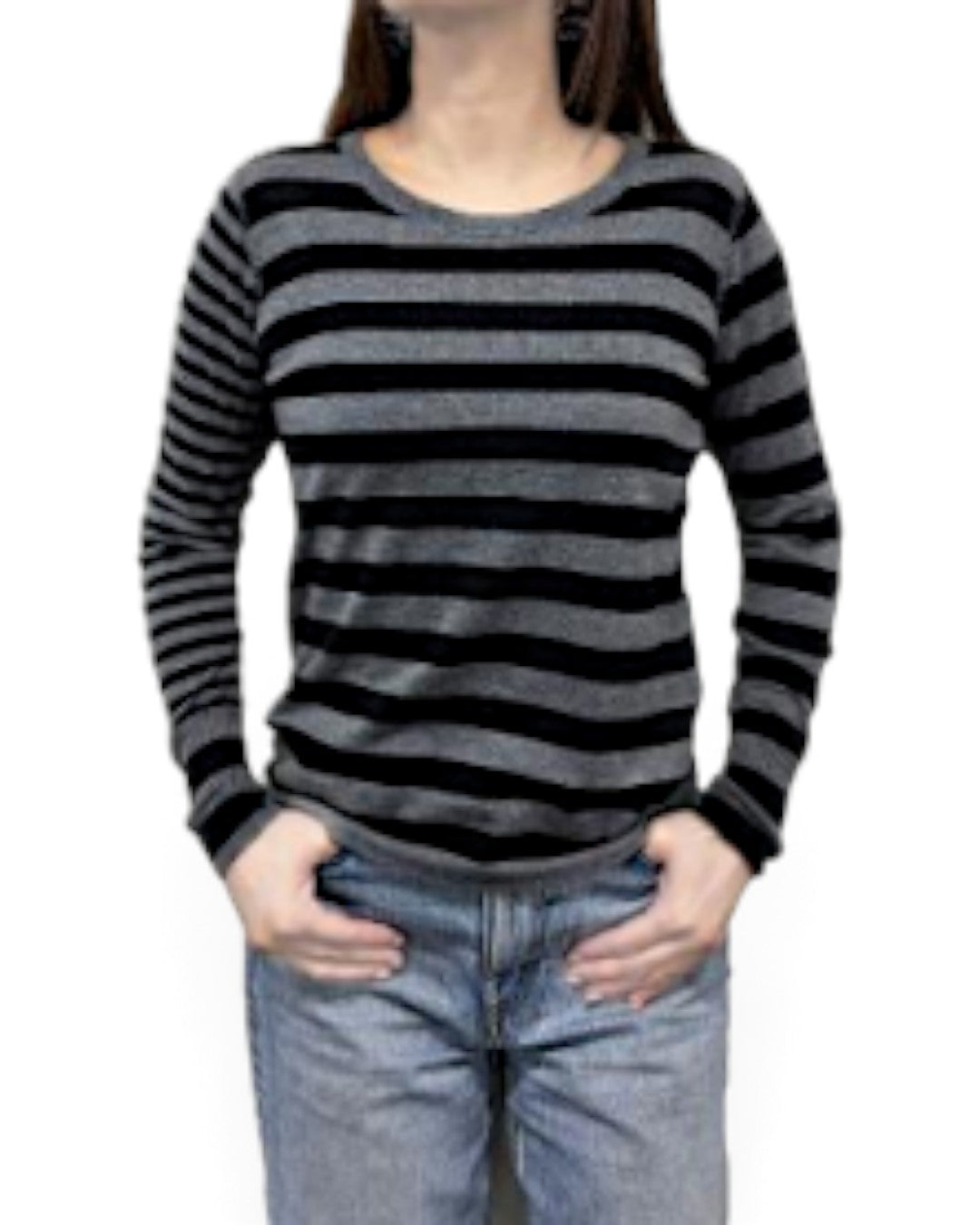 PLUS PLUS ボーダー柄クルーネックコットンニット Gray/Black | Boutique HANAYA