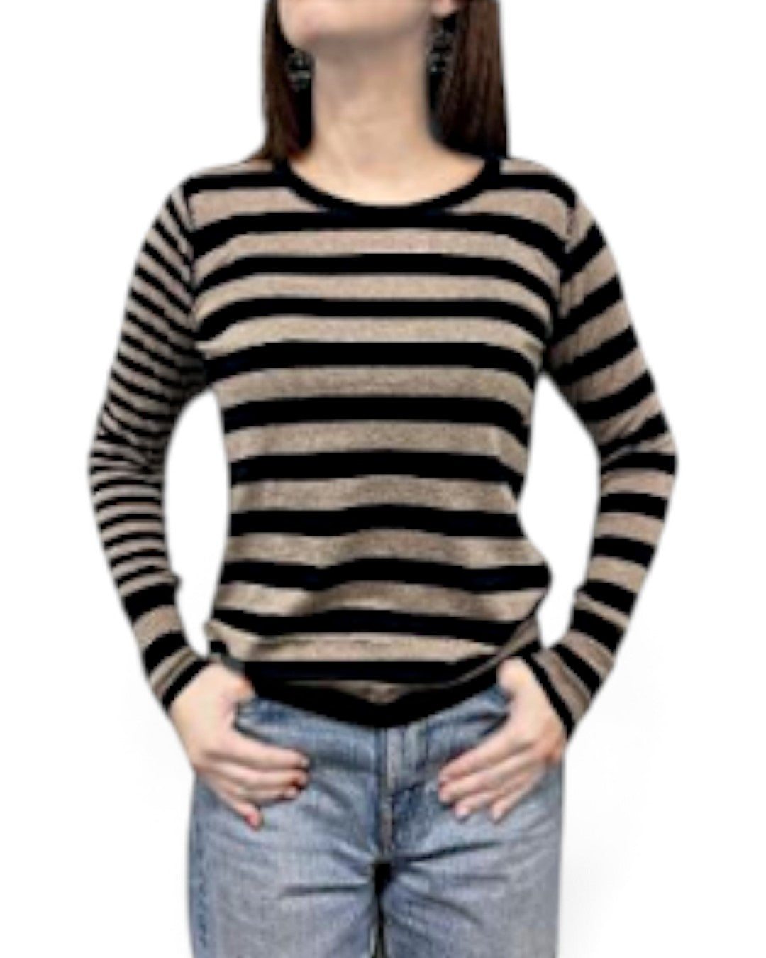 PLUS PLUS ボーダー柄クルーネックコットンニット Black/Mocha | Boutique HANAYA
