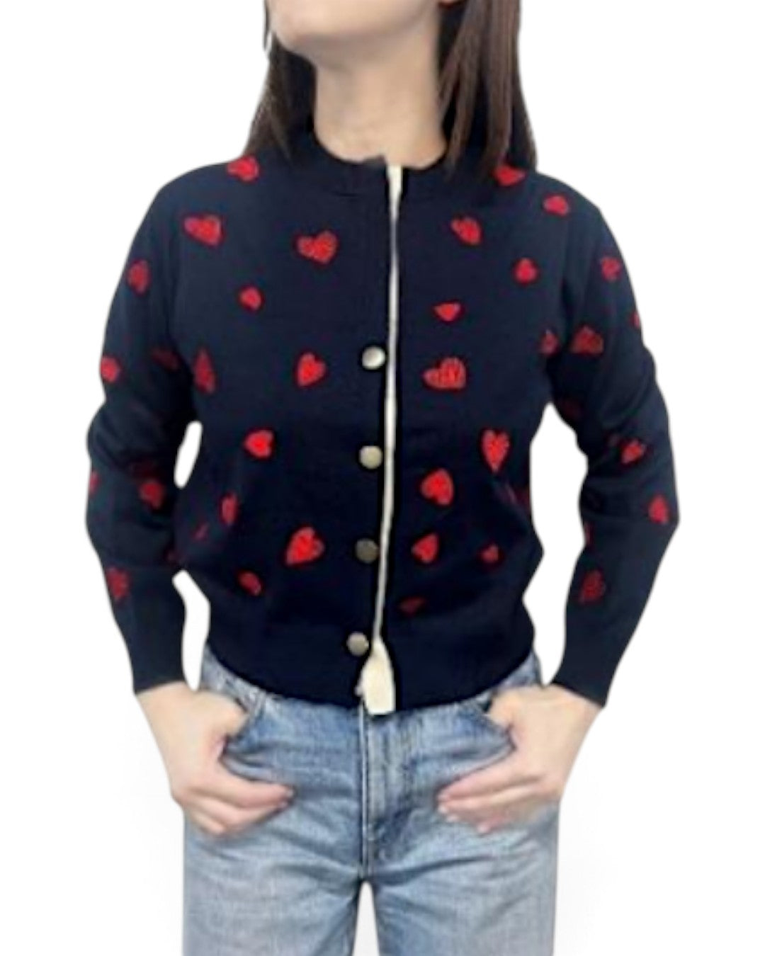 PLUS PLUS ハート刺繍カーディガン Navy ディテール | Boutique HANAYA