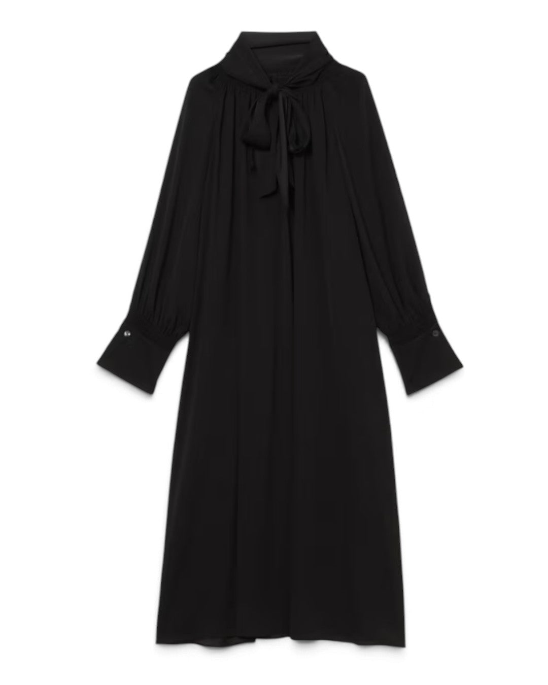 平置き正面：mila schon バックサテンジョーゼット2WAYドレス ブラックの正面、ボウタイと長袖のカフス