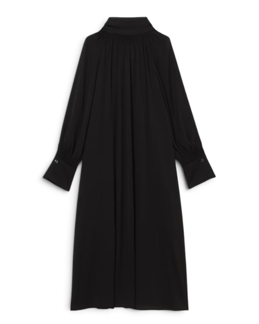 平置き背面：mila schon バックサテンジョーゼット2WAYドレス ブラックの背面、背中のギャザーと長袖