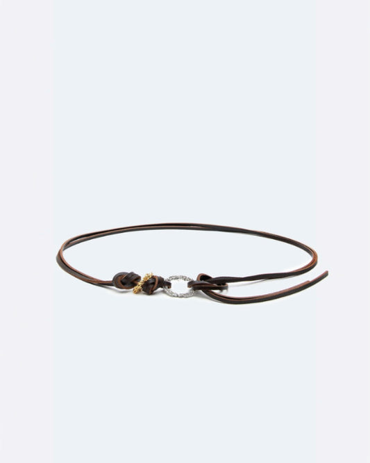 ALYSI JEWELED BELT ブラウンの細身レザーベルト全体とシルバーリング・ゴールド装飾パーツ