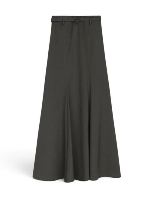 ALYSI カーキのミディ丈フレアスカート、裾へ広がるシルエットと細幅ベルトの商品単体画像
