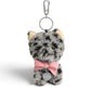 WOUF Colette Cat Charm 正面、グレーと黒の斑点模様のボア、ピンクリボンとロゴメダル、クリップとキーリング
