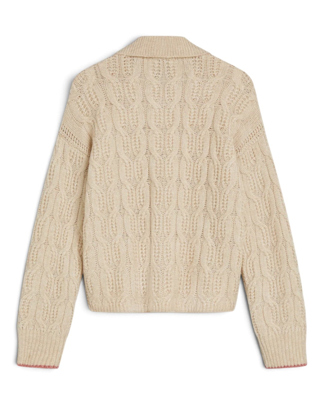 Scotch & Soda ベージュのケーブル編みポロニット、背面全体の編み柄が分かる平置き画像
