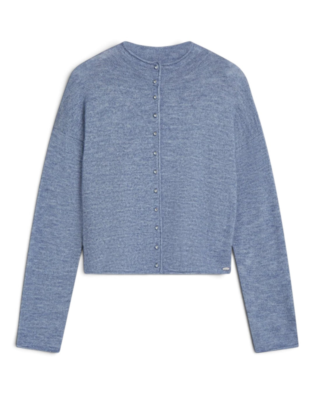 Scotch & Soda AZURE DRIFT カーディガン 丸首・前ボタン・裾のロゴプレートが見える平置き正面