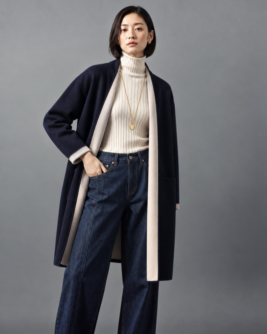 FAVEUR ショールカラーダブルフェイスコート ネイビー モデル正面全身着用