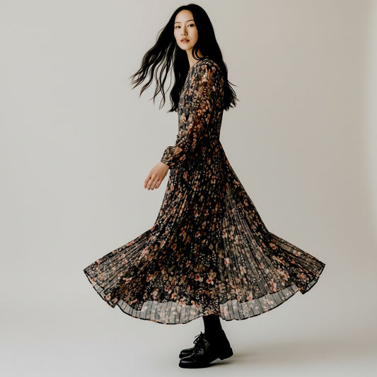 Midnight Bloom: Pleated Floral Elegance