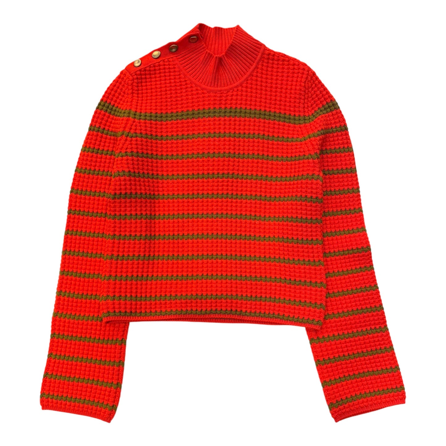 Radiant Cherry Muse: Golden Accent High-Neck Knit