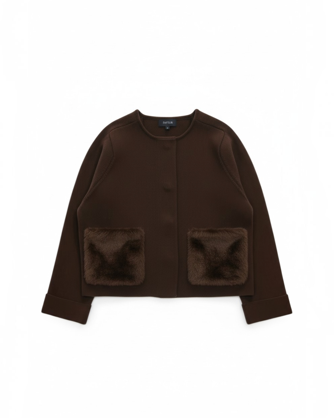 FAVEUR Fauxファーポケット付きノーカラーニットジャケット