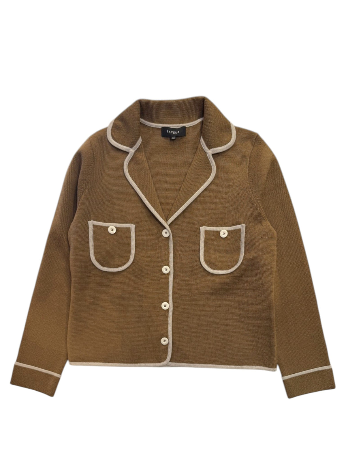 FAVEUR キャメルのパイピングバイカラーニットジャケット 正面