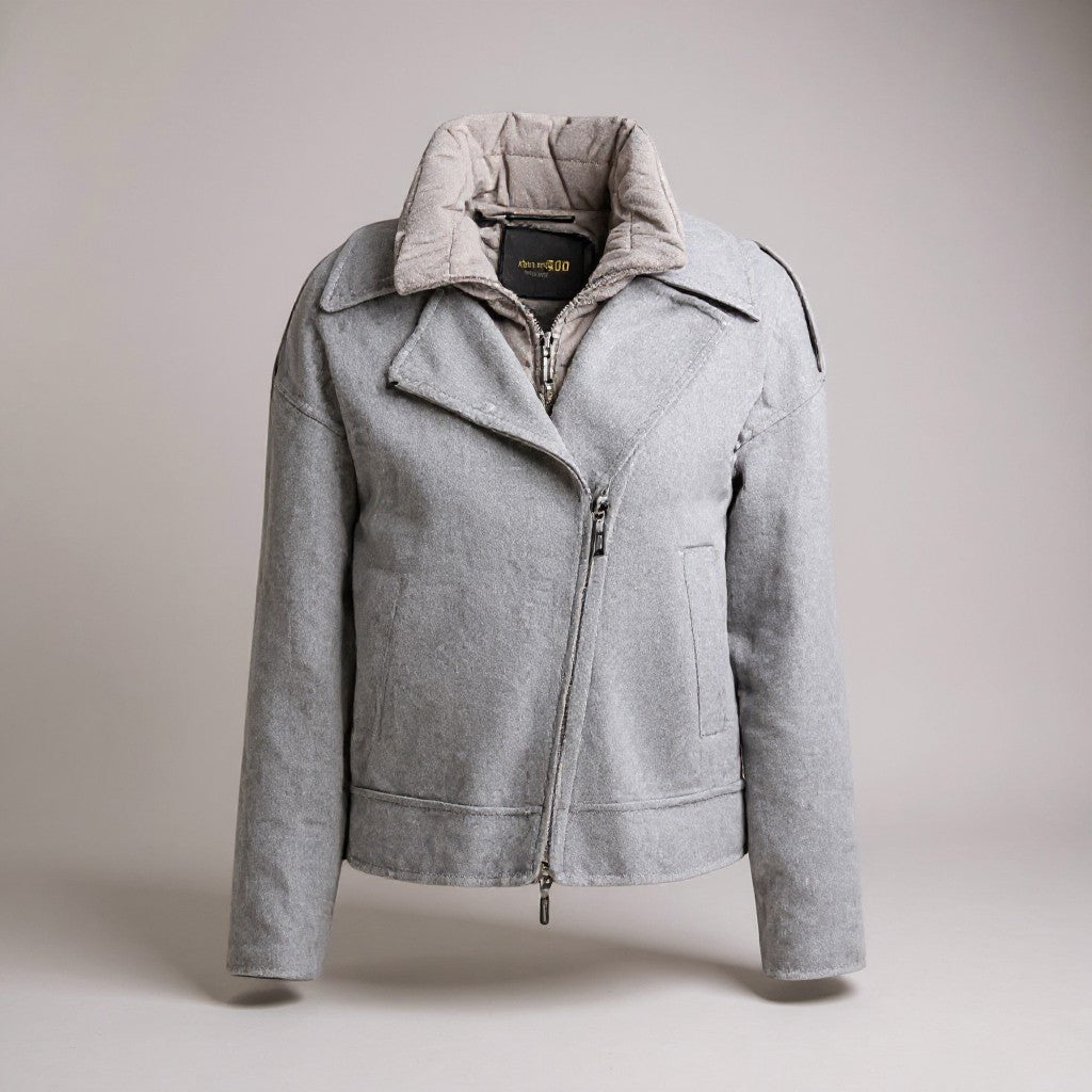 The Silver Radiance: 3-Way Cashmere Wool Biker Masterpiece