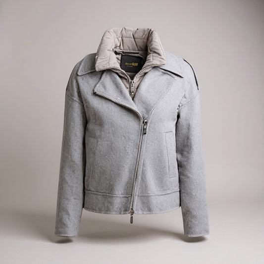 The Silver Radiance: 3-Way Cashmere Wool Biker Masterpiece