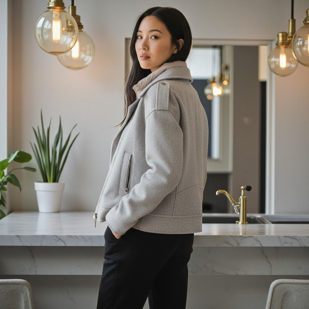 The Silver Radiance: 3-Way Cashmere Wool Biker Masterpiece