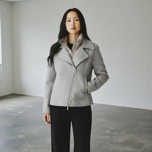 The Silver Radiance: 3-Way Cashmere Wool Biker Masterpiece