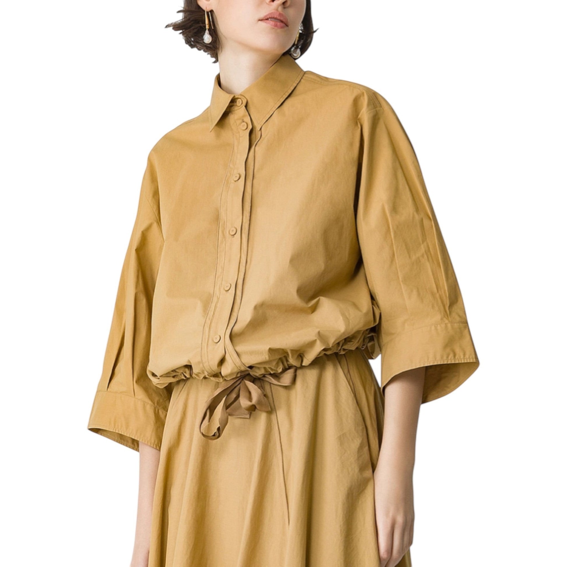 Boutique HANAYA tan 100% cotton poplin blouse with 4/3 sleeves and a drawstring waist with grosgrain ribbon.