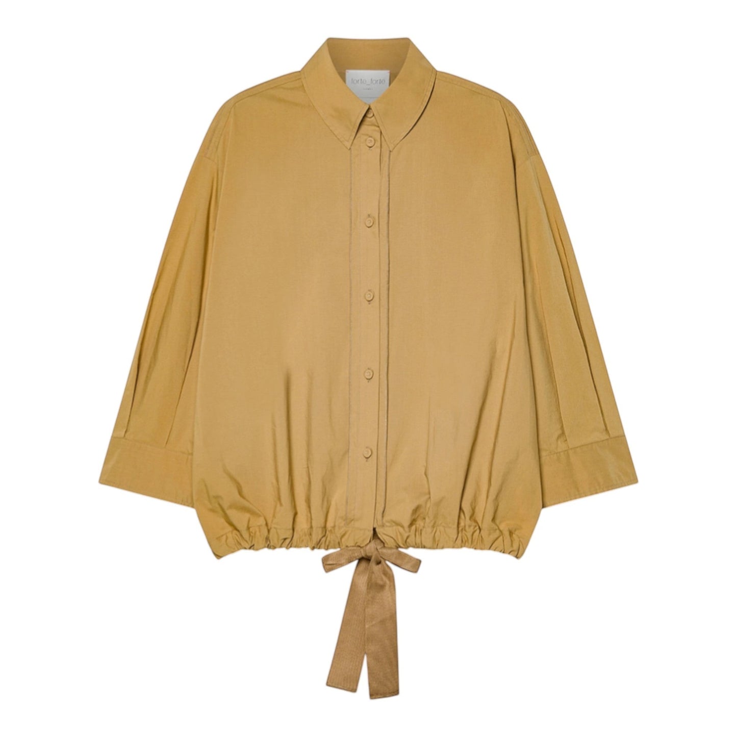 Boutique HANAYA tan 100% cotton poplin blouse with 4/3 sleeves and a drawstring waist tie.