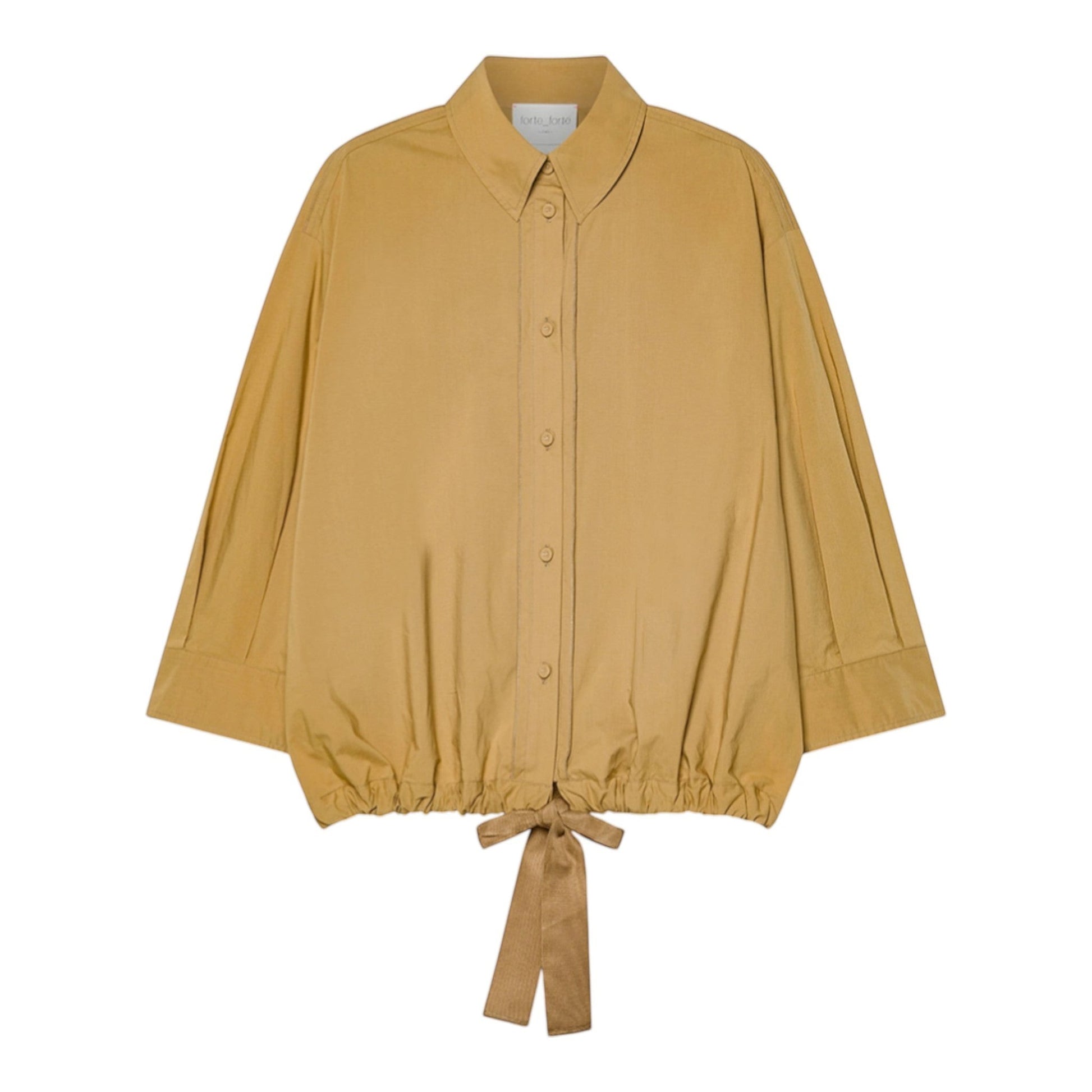 Boutique HANAYA tan 100% cotton poplin blouse with 4/3 sleeves and a drawstring waist tie.