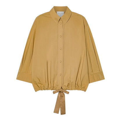 Boutique HANAYA tan 100% cotton poplin blouse with 4/3 sleeves and a drawstring waist tie.