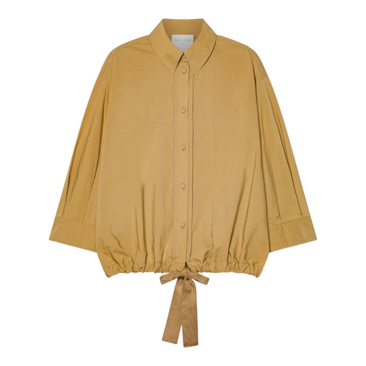 Boutique HANAYA tan 100% cotton poplin blouse with 4/3 sleeves and a drawstring waist tie.
