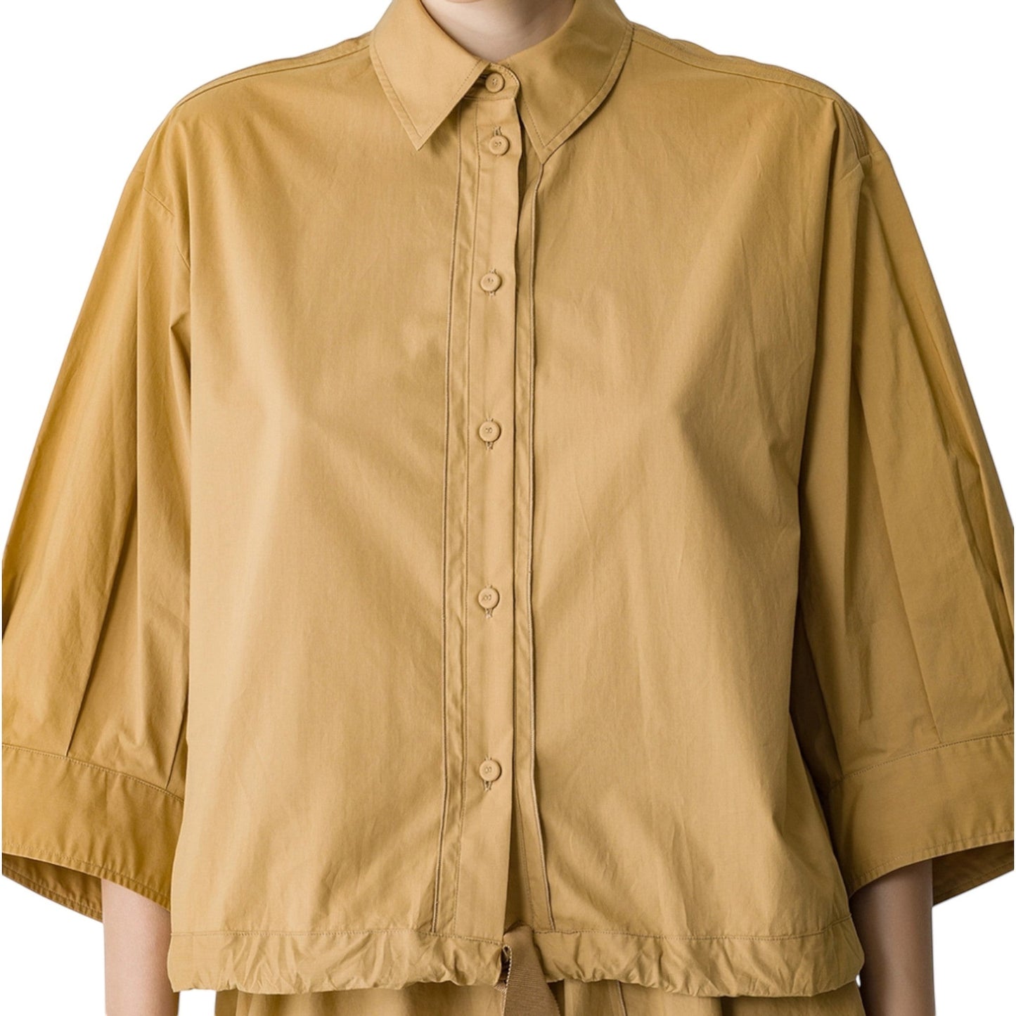 Boutique HANAYA tan cotton poplin blouse with 4/3 sleeves, front button closure, and waist drawstring detail.