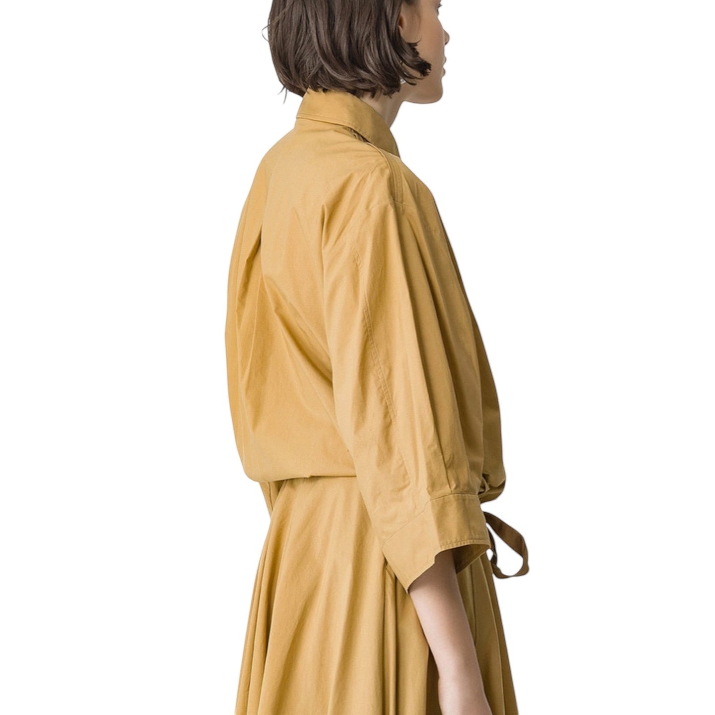Boutique HANAYA mustard yellow 100% cotton poplin blouse with 4/3 sleeves and drawstring waist.