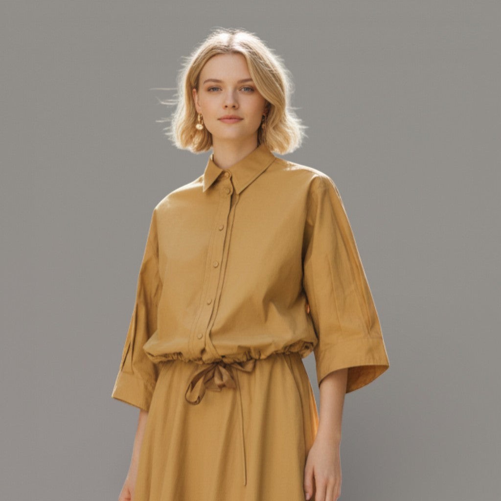 Boutique HANAYA mustard yellow 100% cotton poplin blouse with drawstring waist and 3/4 sleeves.