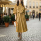 Boutique HANAYA mustard yellow 100% cotton poplin midi dress with drawstring waist and 4/3 sleeves.