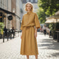 Boutique HANAYA mustard yellow 100% cotton poplin midi dress with drawstring waist and 4/3 sleeves.