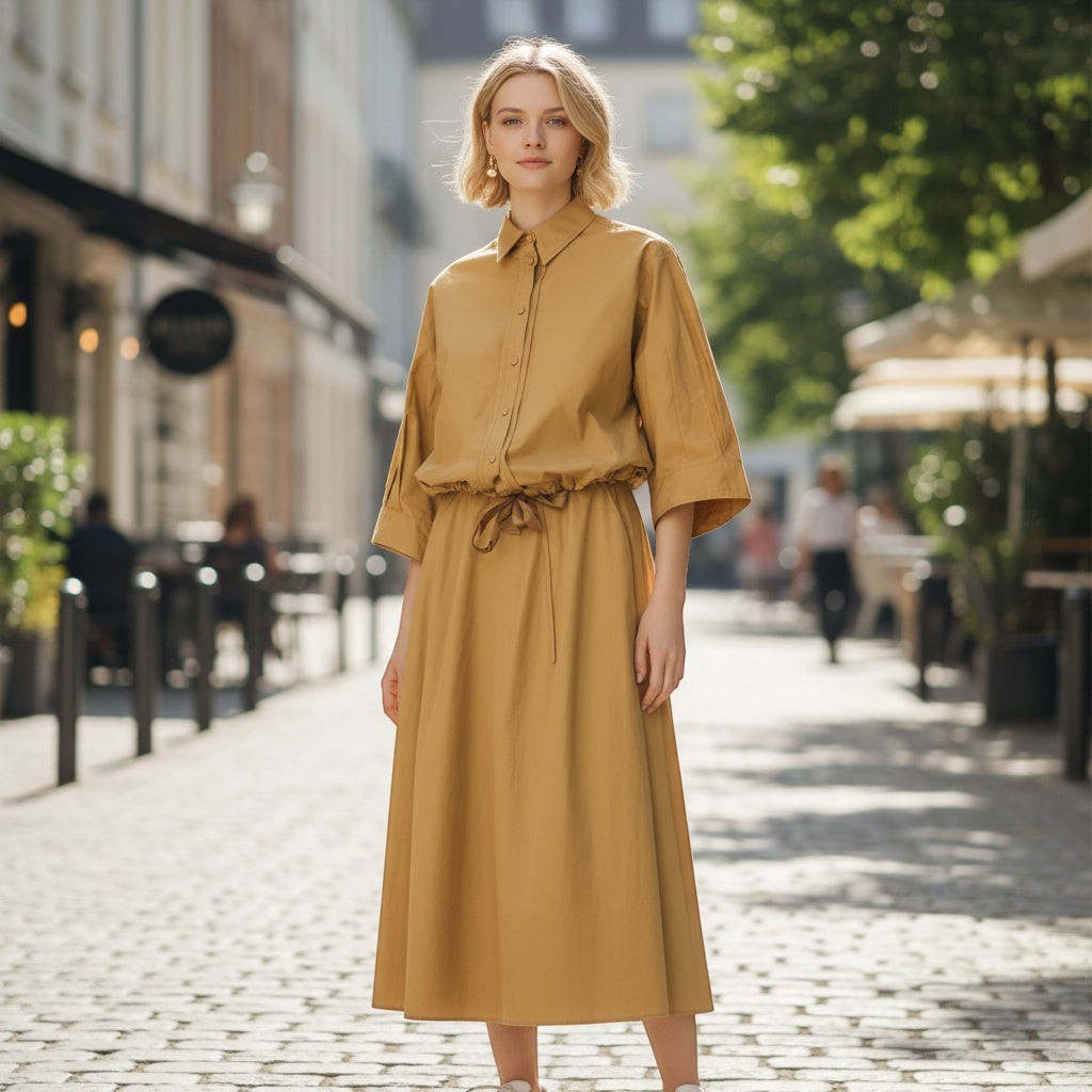 Boutique HANAYA mustard yellow 100% cotton poplin midi dress with drawstring waist and 4/3 sleeves.