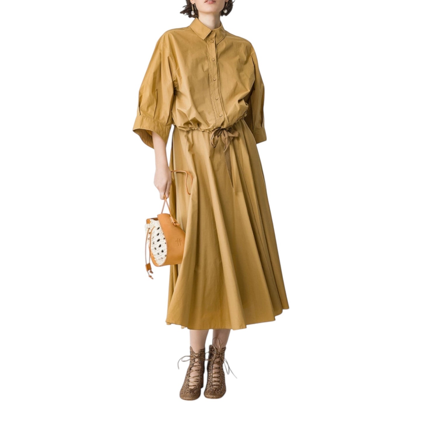 Boutique HANAYA mustard yellow 100% cotton poplin shirt dress with drawstring waist and 4/3 sleeves.