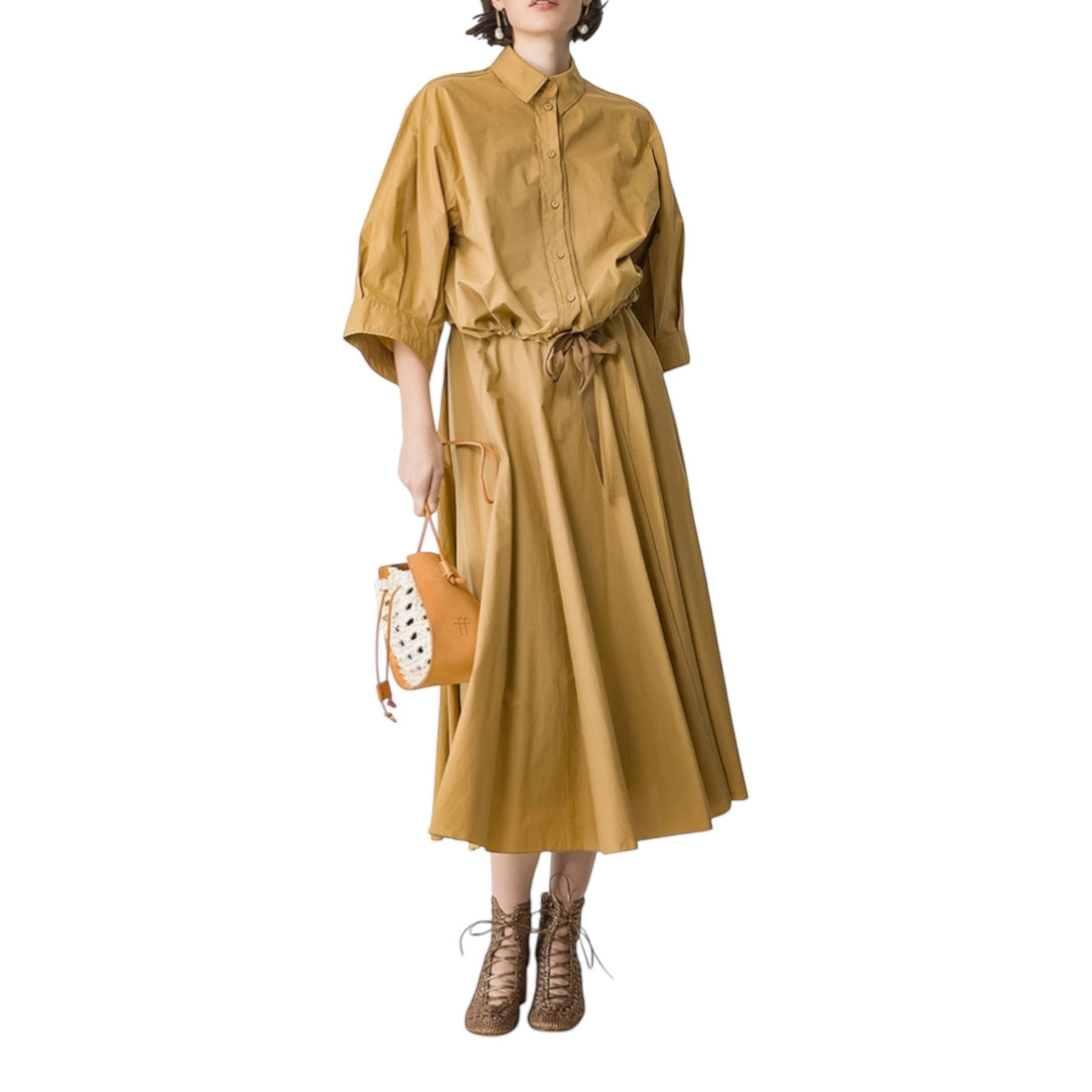 Boutique HANAYA mustard yellow 100% cotton poplin shirt dress with drawstring waist and 4/3 sleeves.