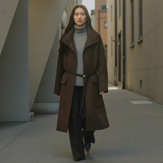 Velvety Espresso: The Architectural Stand-Collar Overcoat