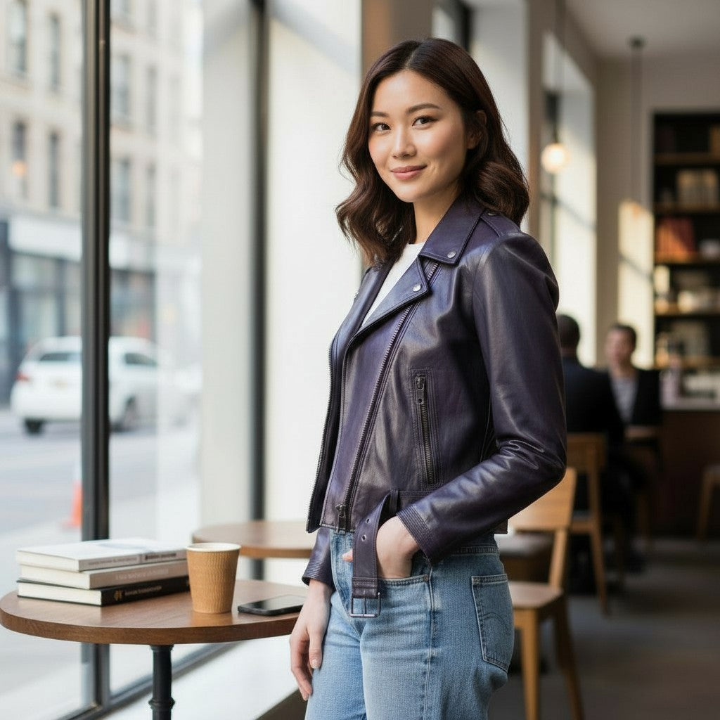 The Evolving Icon: Navy Lamb Leather Biker Jacket